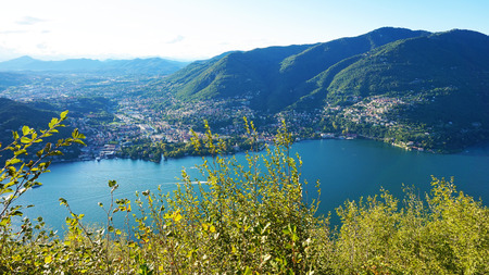 Like Lake landscape. Cernobbio village, trees, water and mountains. Italy, Europe.の写真素材