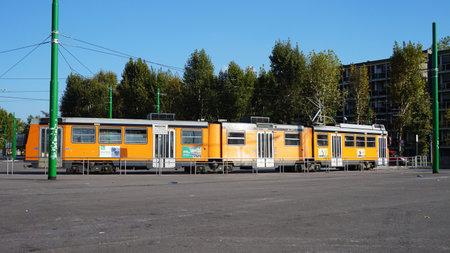MILAN, ITALY - SEPTEMBER 13, 2017: Vintage yellow tram in Milan near San Siro district, Milan, Italyのeditorial素材