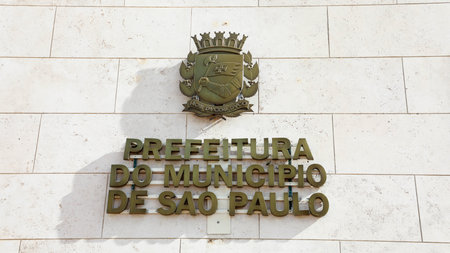 SAO PAULO, BRAZIL - MAY 15, 019: City Hall of the Municipality of Sao Paulo (Prefeitura do Municipio de Sao Paulo) sign emblemのeditorial素材