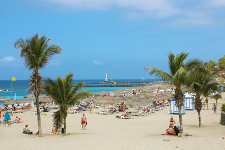 TENERIFE, SPAIN - MAY 28, 2019: Playa del Duque beach on  Adeje Coast, Tenerifeのeditorial素材