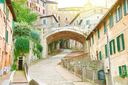 Perugia beautiful old street with steps via dell'Acquedotto, Umbria, Italy.の写真素材