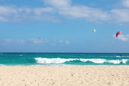 Beautiful view of Corralejo Dunas beach with kitesurfers, Fuerteventura, Canary Islandsの写真素材