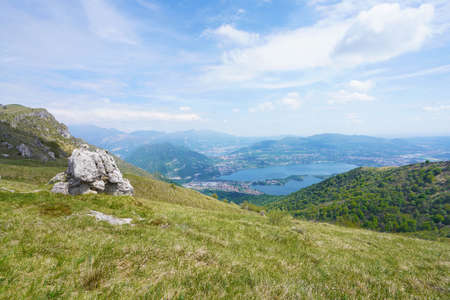 Lake Annone from Monte Cornizzolo mountain, Lombardy, Italy