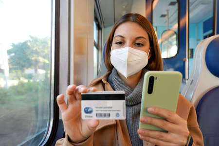Young woman with FFP2 KN95 protective mask traveling with train paying with her credit card on smart phone for shopping onlineの写真素材