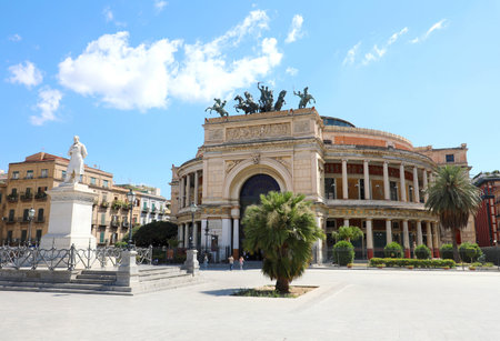 PALERMO, ITALY - JULY 05, 2020: POLITEAMA GARIBALDI theater and monument to RUGGIERO SETTIMO in Palermo, Sicily, Italyのeditorial素材