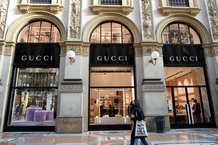 MILAN, ITALY - JANUARY 14, 2022: Facade of GUCCI store inside Galleria Vittorio Emanuele II the world's oldest shopping mall, Milan, Italyのeditorial素材