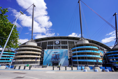 MANCHESTER, UNITED KINGDOM - JULY 13, 2022: City of Manchester Stadium also known Etihad Stadium is the home ground of Manchester City FC.のeditorial素材