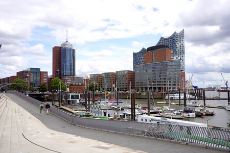 HAMBURG, GERMANY - JULY 6, 2022: Hamburg cityscape with beautiful promenade, Germany