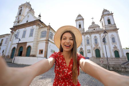 Self portrait of young woman in the historic center of Salvador de Bahia, Brazilの写真素材