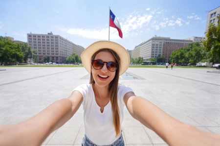 Self portrait of traveler girl visiting the city center of Santiago, Chile, South Americaの写真素材