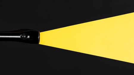 Flashlight shining on a dark background, flat lay. Light beam made of paper. Search concept, copy space. Creative photo, place for your ad.の写真素材