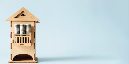 Wooden toy house and one hundred dollar bills on a light blue background. Concept for real estate prices, apartment rental, mortgage, construction business. Copy space bannerの写真素材