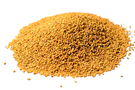 Heap of yellow Egyptian Helba tea isolated on white background, side viewの写真素材