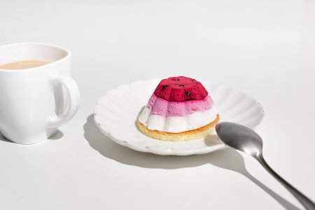Cup of tea and a cake with blueberries, close-up. Morning breakfast with dessert in the kitchen.の写真素材