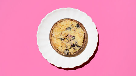 Fruit cheesecake with cookie crumbs, light pink background. Top view, flat lay, copy spaceの写真素材