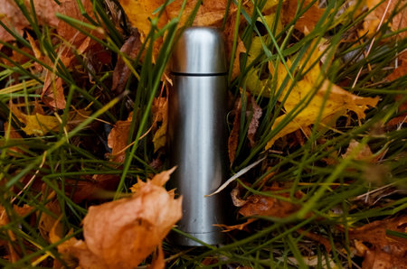 Vacuum steel flask close-up, outdoors. Camping flask in the autumn forest. Hike concept, relaxation in nature, hot drink in cold weather. top viewの写真素材