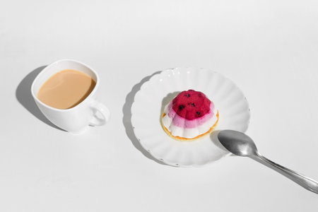 Cup of tea and cake with blueberries, white table background. Morning breakfast with dessert in the kitchen.の写真素材