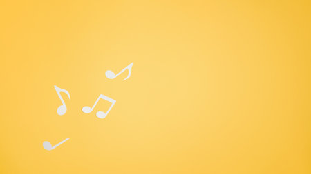 Musical notes cut from paper, flat lay. Top view music layout on yellow background. Place for textの写真素材