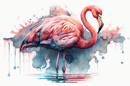 Pink flamingo watercolor illustration. Beautiful elegant bird, Generative AI.の素材