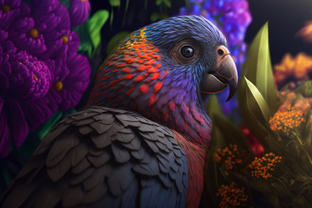 Portrait of a cute colorful parrot sitting in flowers in the jungle. Side view exotic tropical bird. Generative AI.の写真素材