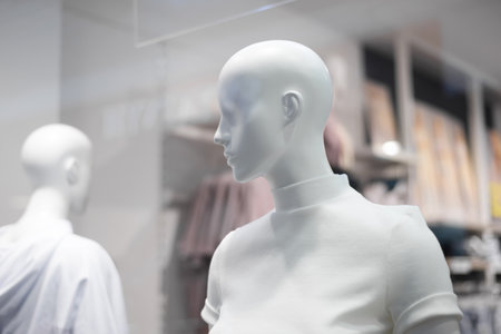 Female bald mannequins in white sweaters in the store, close-up. selective focusの写真素材