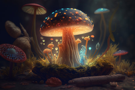 Glowing fantastic mushrooms in a mysterious night forest, close-up. Generative AI.の素材