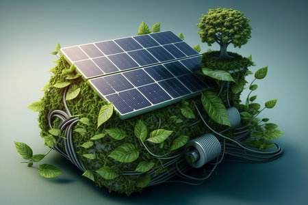 Green energy, environmentally friendly, saving planet concept. Solar panels, tree plants on background, model. Generative AI creative illustration.の素材