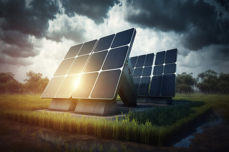 Large solar panels in nature, sunny clear day. Green renewable energy concept. Generative AI.の素材