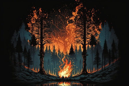 Fire in the night forest, flames on the trees. Generative AI illustration.の素材