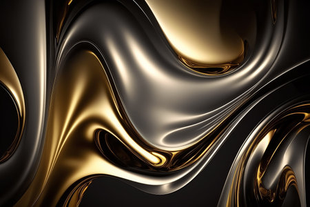 Liquid metallic background. Elegant golden black flowing abstract backdrop. AI generation.の写真素材
