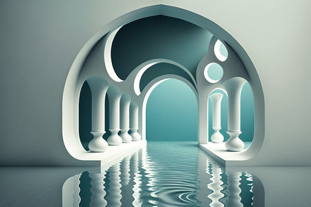 Oriental style arches on the water. Minimalism 3d illustration, AI generation.の写真素材