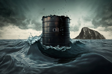 Rusty dirty iron barrel with text Oil floating in ocean. Environmental pollution, eco disaster concept. Generative AI illustration.の写真素材