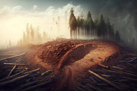Deforestation, environmental problem. Environmental destruction, felled trees. Generative AI.の素材