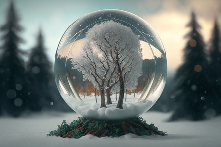 Christmas snowball. Winter seasonal theme, snow and forest in a glass sphere in nature. Generative AI.の素材