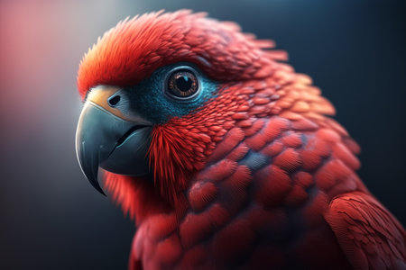 Portrait of cute red tropical parrot outdoors. Close-up head of an exotic bird with beak looking at camera. Generative AI.の写真素材