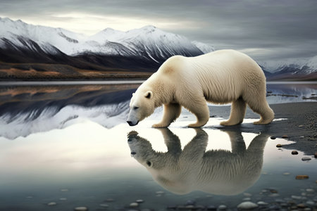 Polar bear at North Pole drinking water against backdrop of mountain. Large mammal in nature, side view. Created by Generative AI.の素材