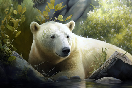 Tired northern polar bear lying in melted water on sunny hot summer in forest. Wildlife and global warming, climate problem concept. Illustration created by Generative AI.の素材