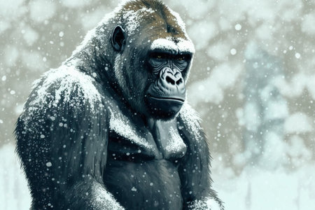 Sad tropical monkey freezing outdoors in winter. African gorilla portrait in snowfall. Wildlife and climate change, eco problem concept. Created by Generative AI.の素材