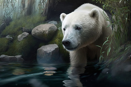 Wildlife and global warming, environmental problem concept. Sad northern polar bear in forest in melted water in summer. Created by Generative AI.の素材