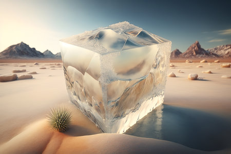 Concept global warming, climate problem. Ice melts in desert, close-up. Generative AI.の素材