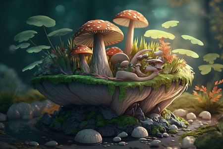 Cute mushrooms on an island in the forest, close-up. Generative AI illustration.の素材