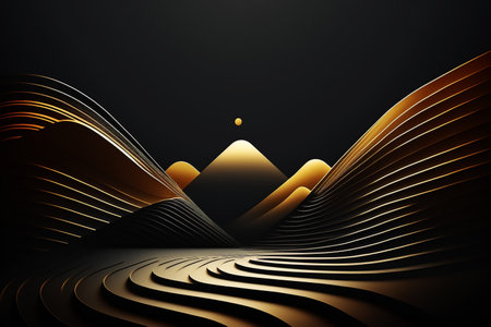Dark abstract geometric luxury design background, golden curved lines, mountains and sun. Created by Generative AI.の素材