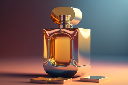 Golden bottle of luxury perfume on trendy color background of pastel muted palette. Perfume layout Generative AI.の素材