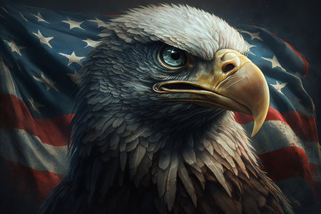 Angry proud eagle on background of American flag, star-striped symbol of USA. Illustration created by generative ai.の素材