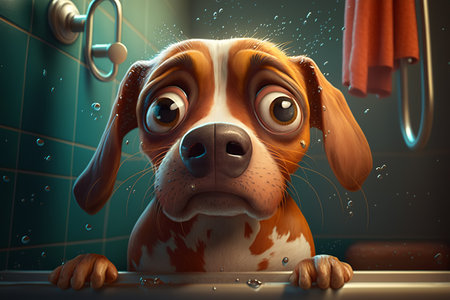 Frightened dog with funny expression and big eyes taking bath in bathroom. Comic Illustration by generative ai.の素材