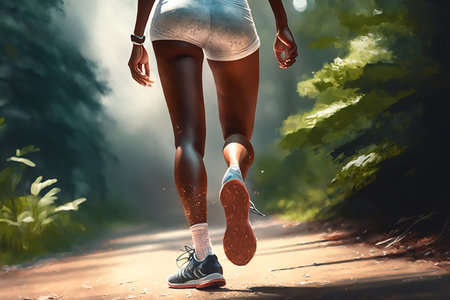 Jogging workout, healthy lifestyle. Rear view of slender black female athlete in sports shoes and shorts training in nature. Generative AI.の素材