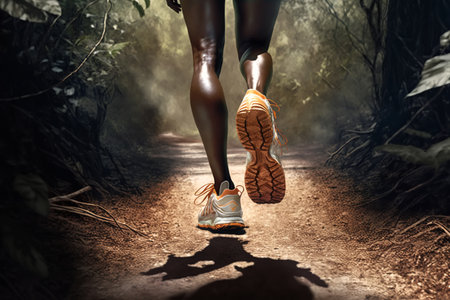 Jogging workout, healthy lifestyle. Rear view of black woman athlete in sports shoes training in nature, close-up of runner's leg in sneakers on path outdoors. Generative AI.の素材