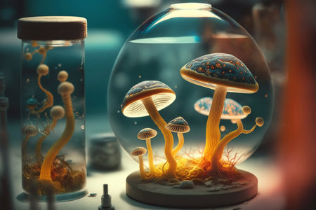 Mushrooms in laboratory. Mushroom cultivation, mycology concept. Generative AI.の素材