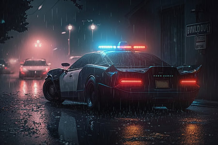 Rear view of a modern police car patrol with a blue-red flasher parked in the street on a rainy night. Generative ai illustration.の素材