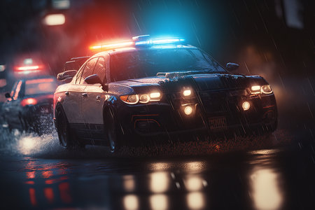 Police car patrol with blue-red flasher and serena driving in city on rainy night. Generative ai illustration.の素材